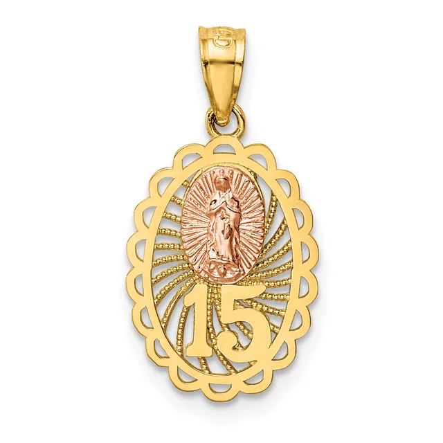 Gold pendant featuring a scalloped oval frame with a religious figure in the center surrounded by decorative filigree and the number 15 at the bottom.