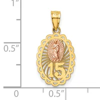 Two-tone gold pendant featuring a scalloped oval frame with a religious figure and the number 15, shown with a measurement scale.