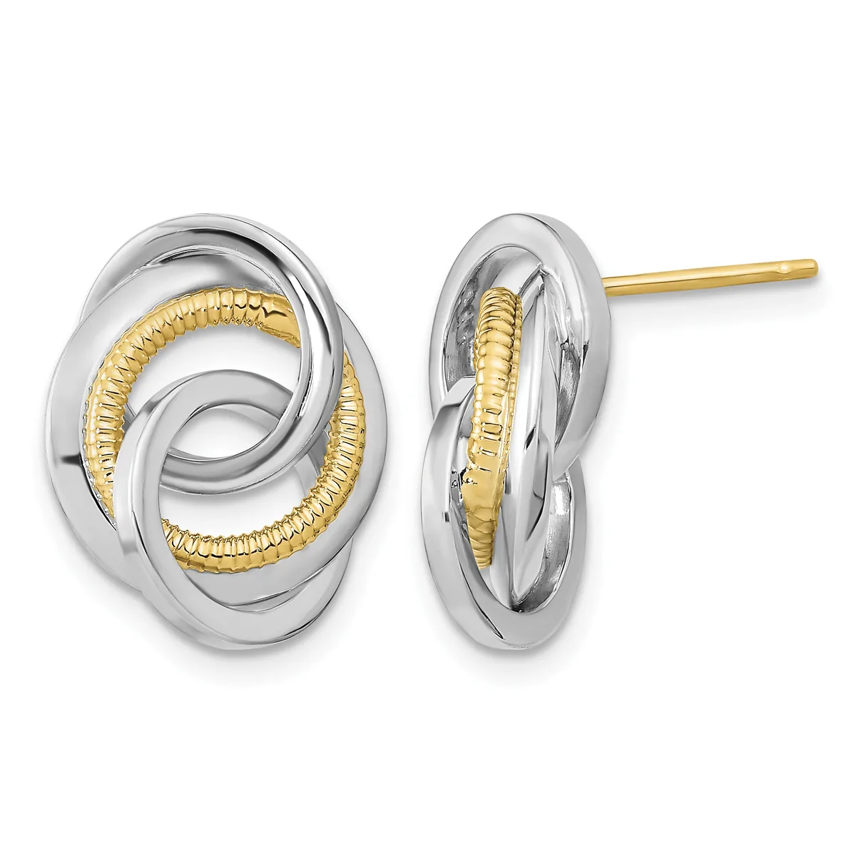 Pair of two-tone silver and gold interlocking oval stud earrings with textured gold inner rings, shown from front and side views.