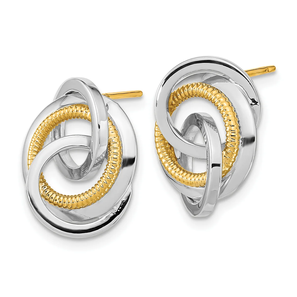 A pair of two-tone stud earrings featuring interlocking oval loops in silver and gold, displayed front and back views.