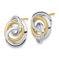 A pair of two-tone stud earrings featuring interlocking oval loops in silver and gold, displayed front and back views.