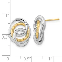 Two-tone interlocking oval stud earrings with textured gold inner loops and polished silver outer loops, shown against a measurement scale.