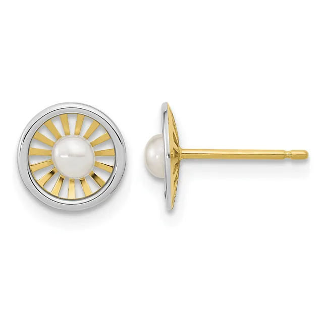 A pair of two-tone stud earrings featuring white pearls surrounded by a sunburst design in gold and silver, shown from front and side views.