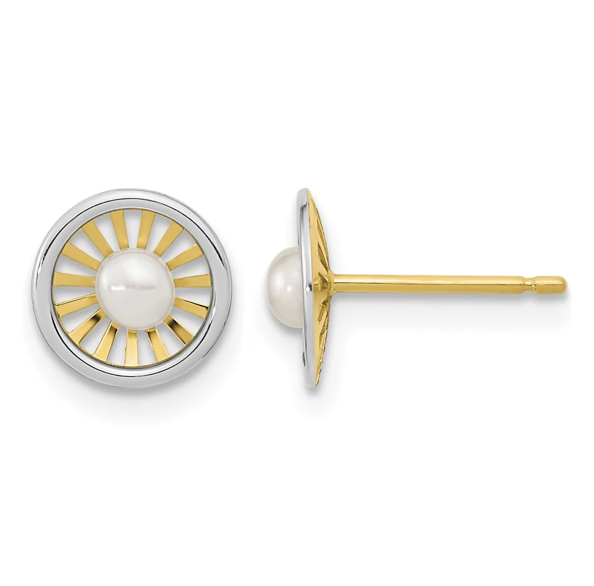 A pair of two-tone stud earrings featuring white pearls surrounded by a sunburst design in gold and silver, shown from front and side views.