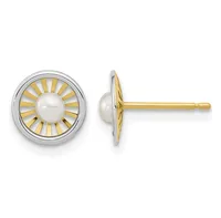 A pair of two-tone stud earrings featuring white pearls surrounded by a sunburst design in gold and silver, shown from front and side views.