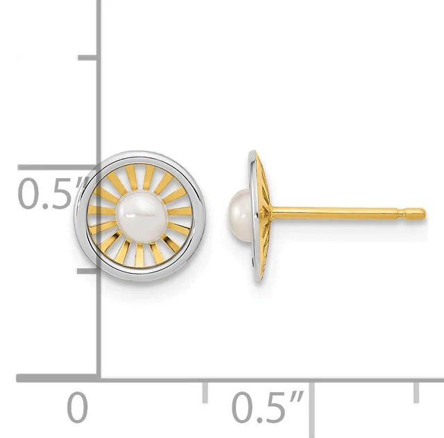 Two-tone stud earrings with round white pearl centers surrounded by radiating gold and silver design, shown from front and side views with measurement scale.