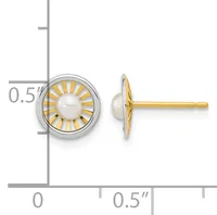Two-tone stud earrings with round white pearl centers surrounded by radiating gold and silver design, shown from front and side views with measurement scale.