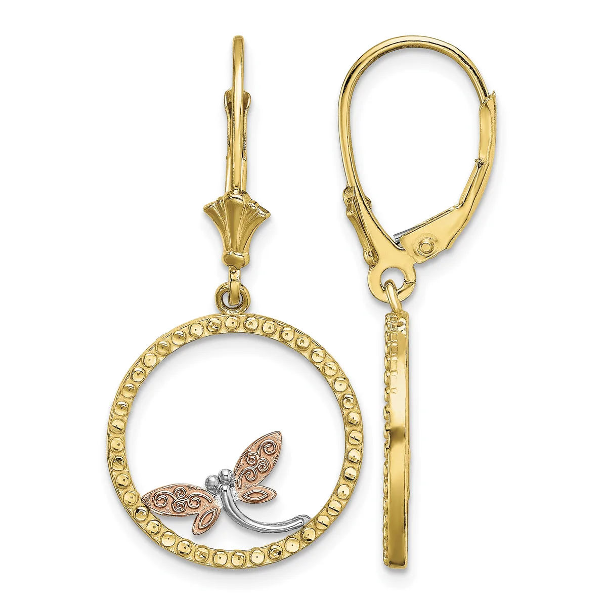 Pair of gold lever-back earrings with circular frames containing rose gold butterfly motifs and small diamond accents.