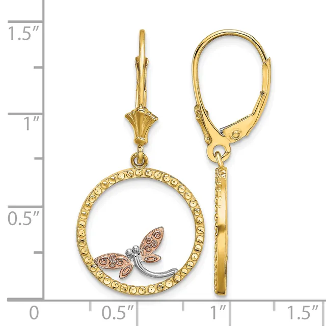 Gold-toned circular dangle earrings with beaded borders and tri-color leaf charms, shown next to a ruler measuring approximately 1.5 inches in length.