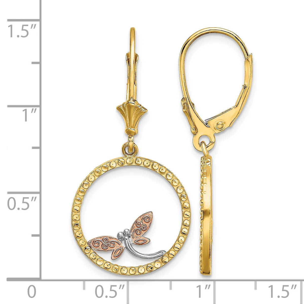 Gold-toned circular dangle earrings with beaded borders and tri-color leaf charms, shown next to a ruler measuring approximately 1.5 inches in length.