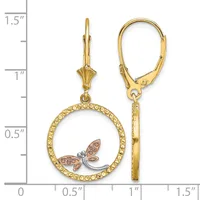 Gold-toned circular dangle earrings with beaded borders and tri-color leaf charms, shown next to a ruler measuring approximately 1.5 inches in length.