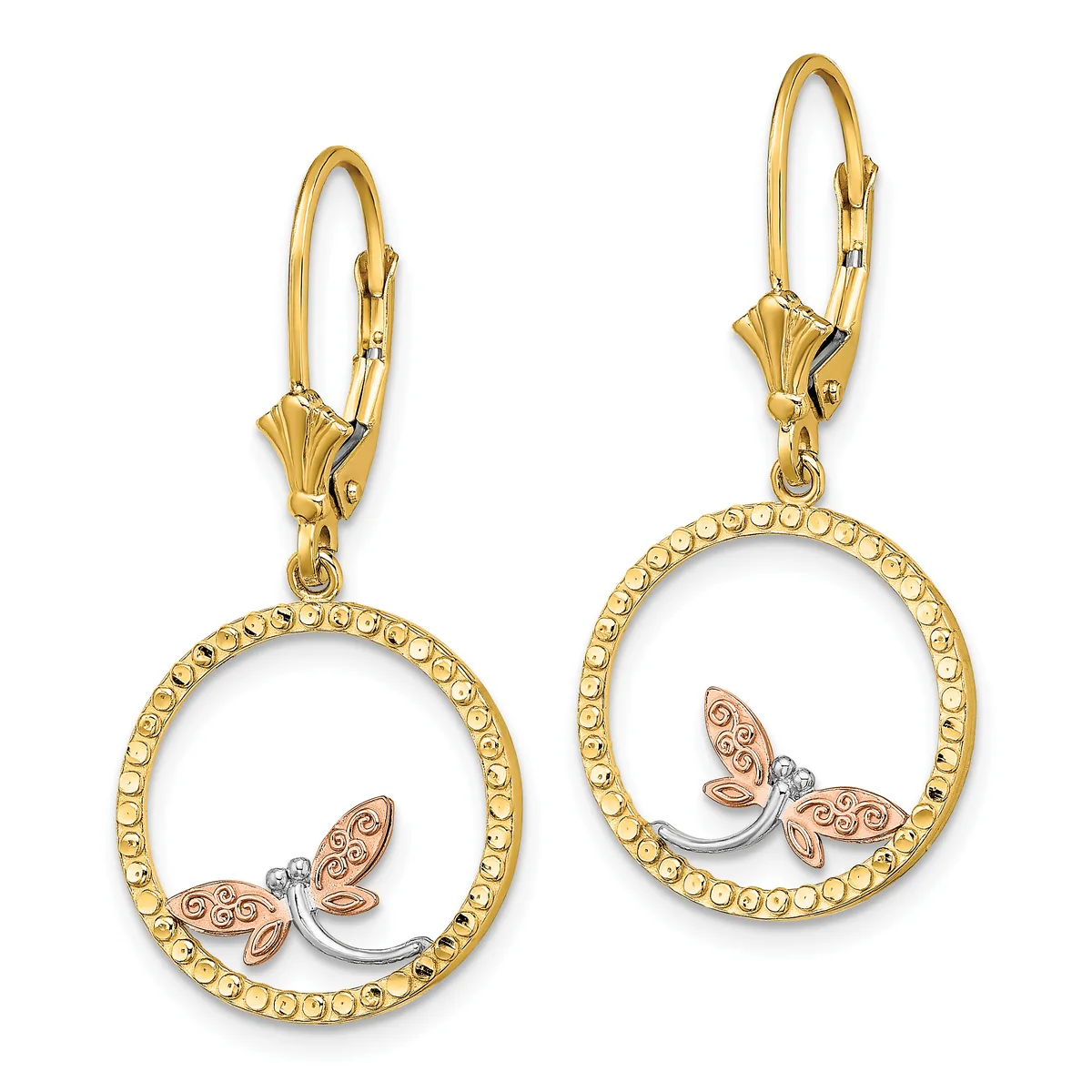 Pair of gold lever-back earrings with textured circular frames and rose gold butterfly charms with diamond accents suspended inside.