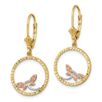 Pair of gold lever-back earrings with textured circular frames and rose gold butterfly charms with diamond accents suspended inside.