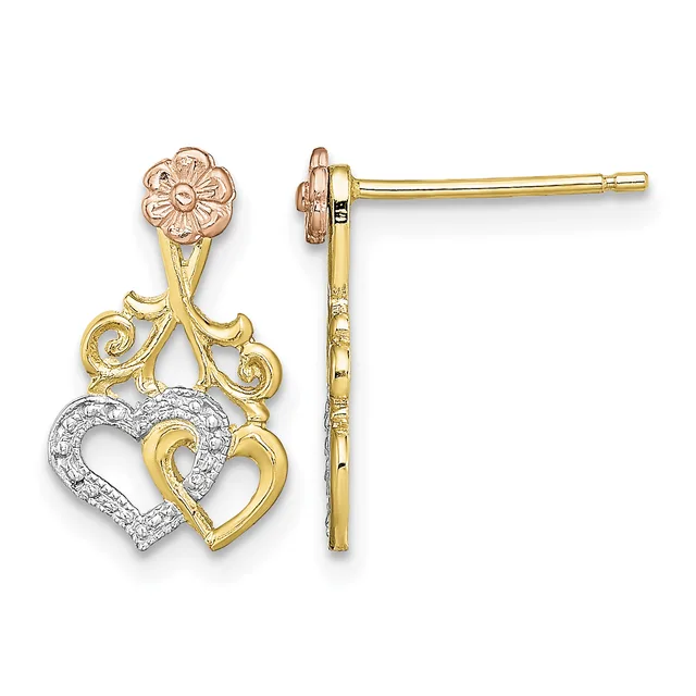 Pair of gold drop earrings featuring rose gold flowers at the top, yellow gold scrollwork in the middle, and interlocking yellow and white gold hearts with diamond accents at the bottom, shown from front and side views.