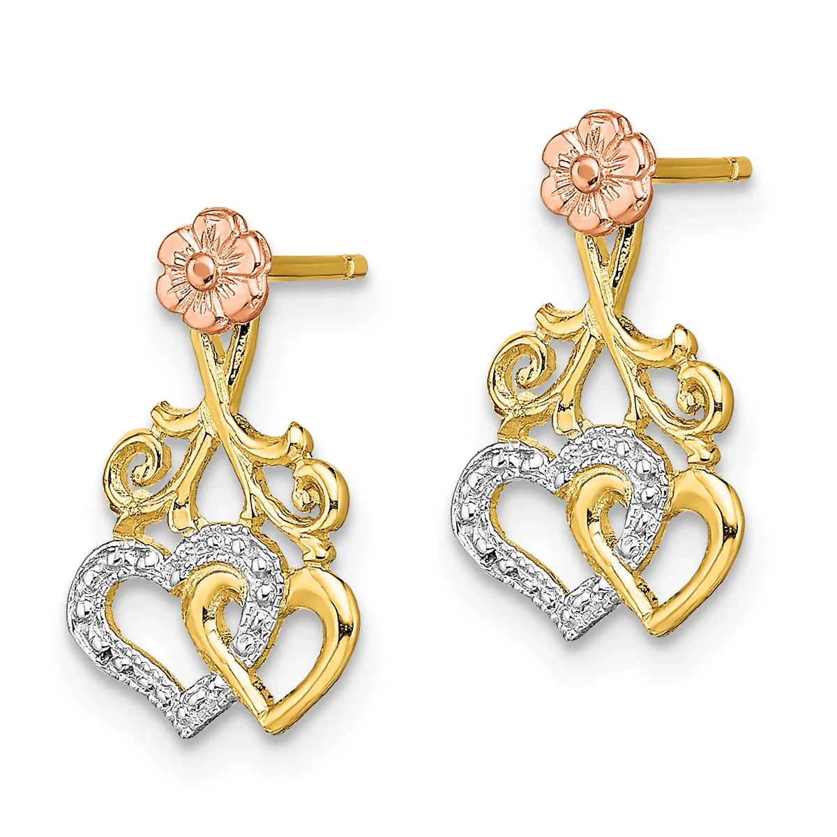 Pair of two-tone gold drop earrings featuring rose gold flowers at the top, scrolled yellow gold connectors, and interlocking heart charms with diamond accents, shown on a white background.