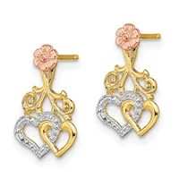Pair of two-tone gold drop earrings featuring rose gold flowers at the top, scrolled yellow gold connectors, and interlocking heart charms with diamond accents, shown on a white background.