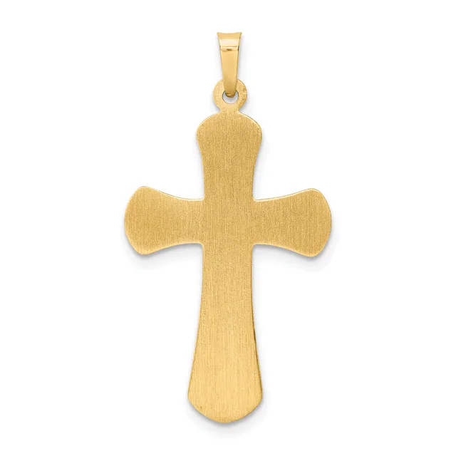 A gold cross pendant with a brushed finish and rounded ends on the arms, suspended from a bail loop against a white background.