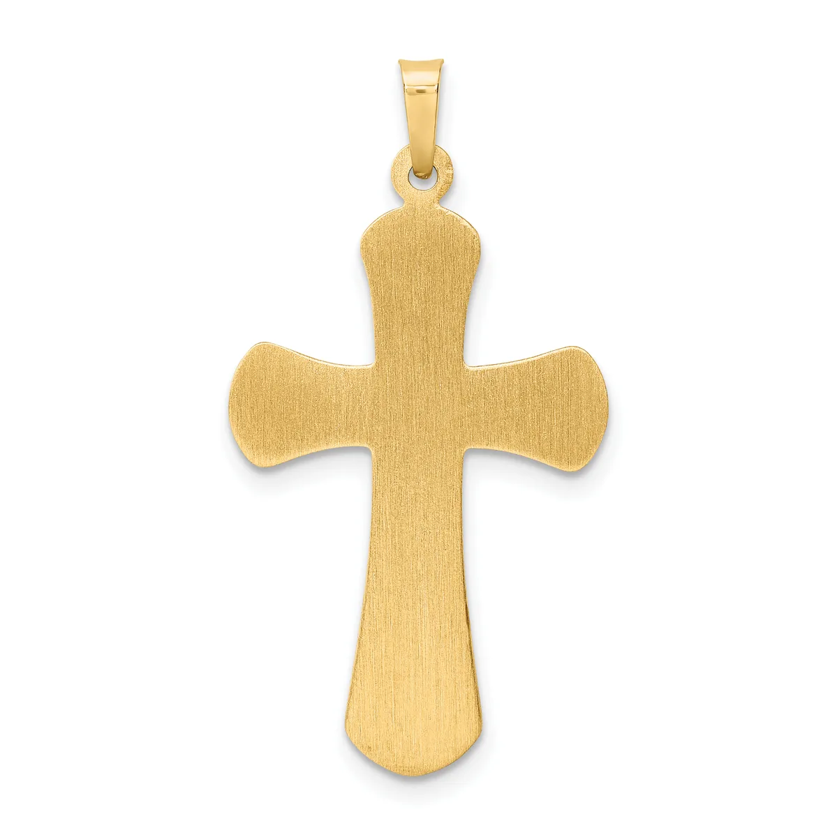 A gold cross pendant with a brushed finish and rounded ends on the arms, suspended from a bail loop against a white background.