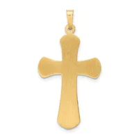 A gold cross pendant with a brushed finish and rounded ends on the arms, suspended from a bail loop against a white background.