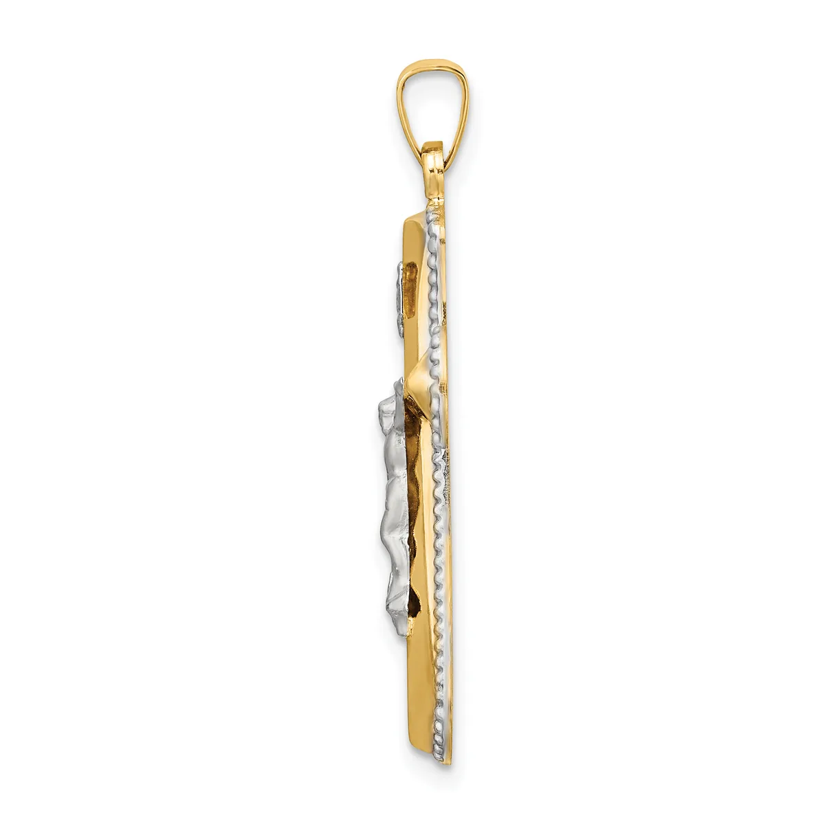 Two-tone gold and silver pendant with textured rectangular design and loop bail, displayed hanging against a white background.