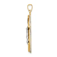 Two-tone gold and silver pendant with textured rectangular design and loop bail, displayed hanging against a white background.