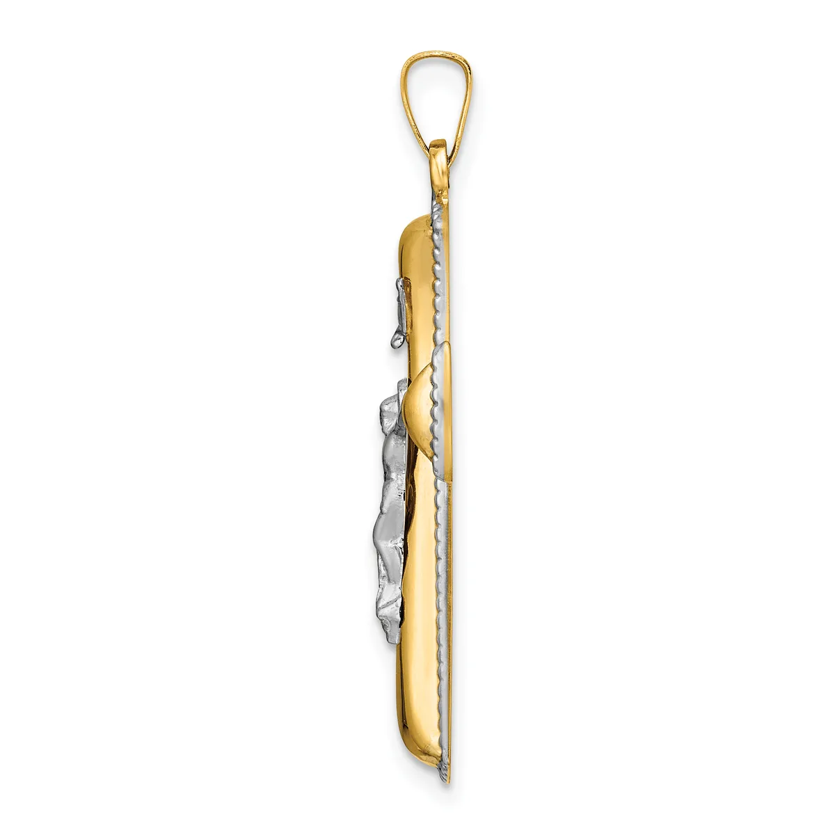 A gold-toned metal pendant with an elongated oval shape featuring a gray stone or crystal wrapped in wire, suspended from a matching bail loop.