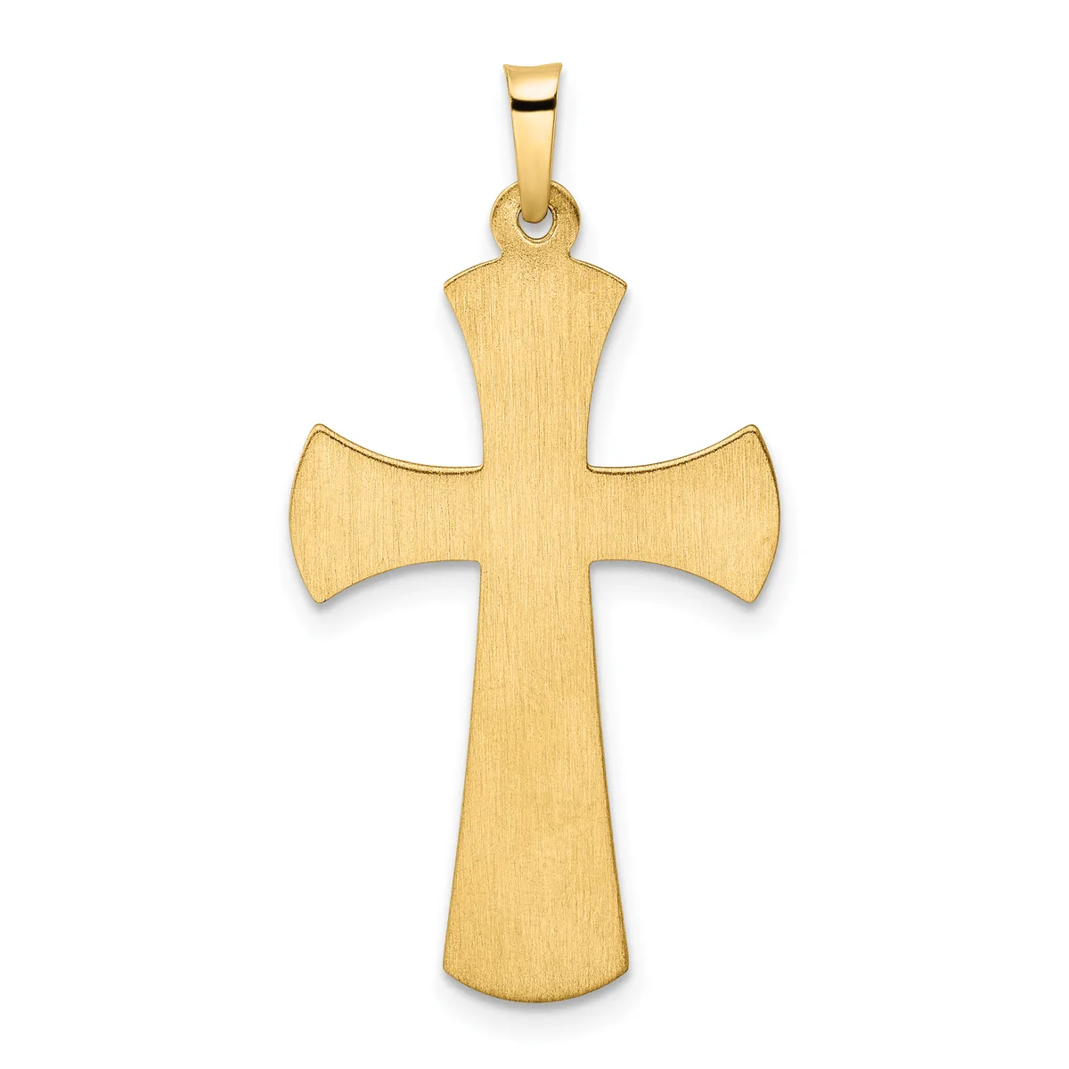 A gold cross pendant with a brushed finish and flared ends, suspended from a gold bail.