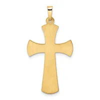A gold cross pendant with a brushed finish and flared ends, suspended from a gold bail.