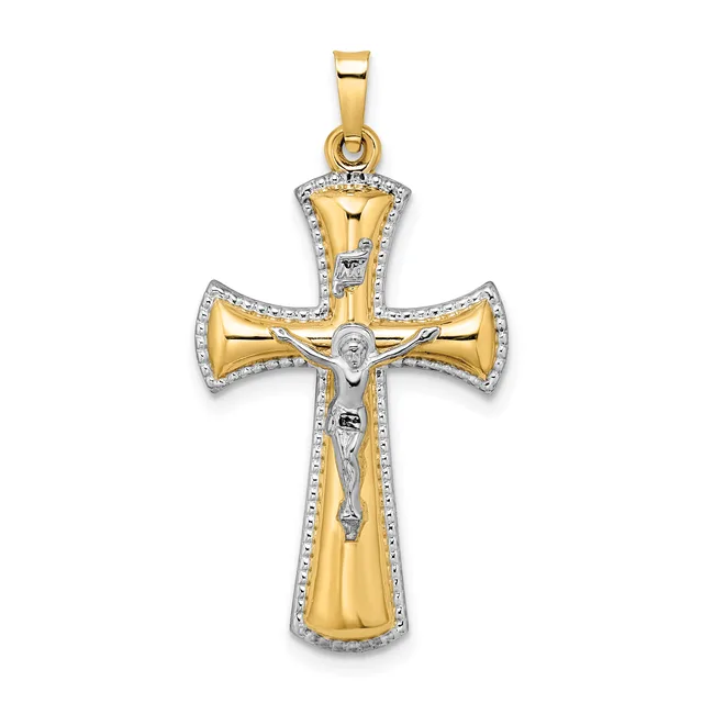 Two-tone gold crucifix pendant with white rhodium accents and a white Jesus figure, featuring a polished gold cross with flared ends and diamond-cut borders.