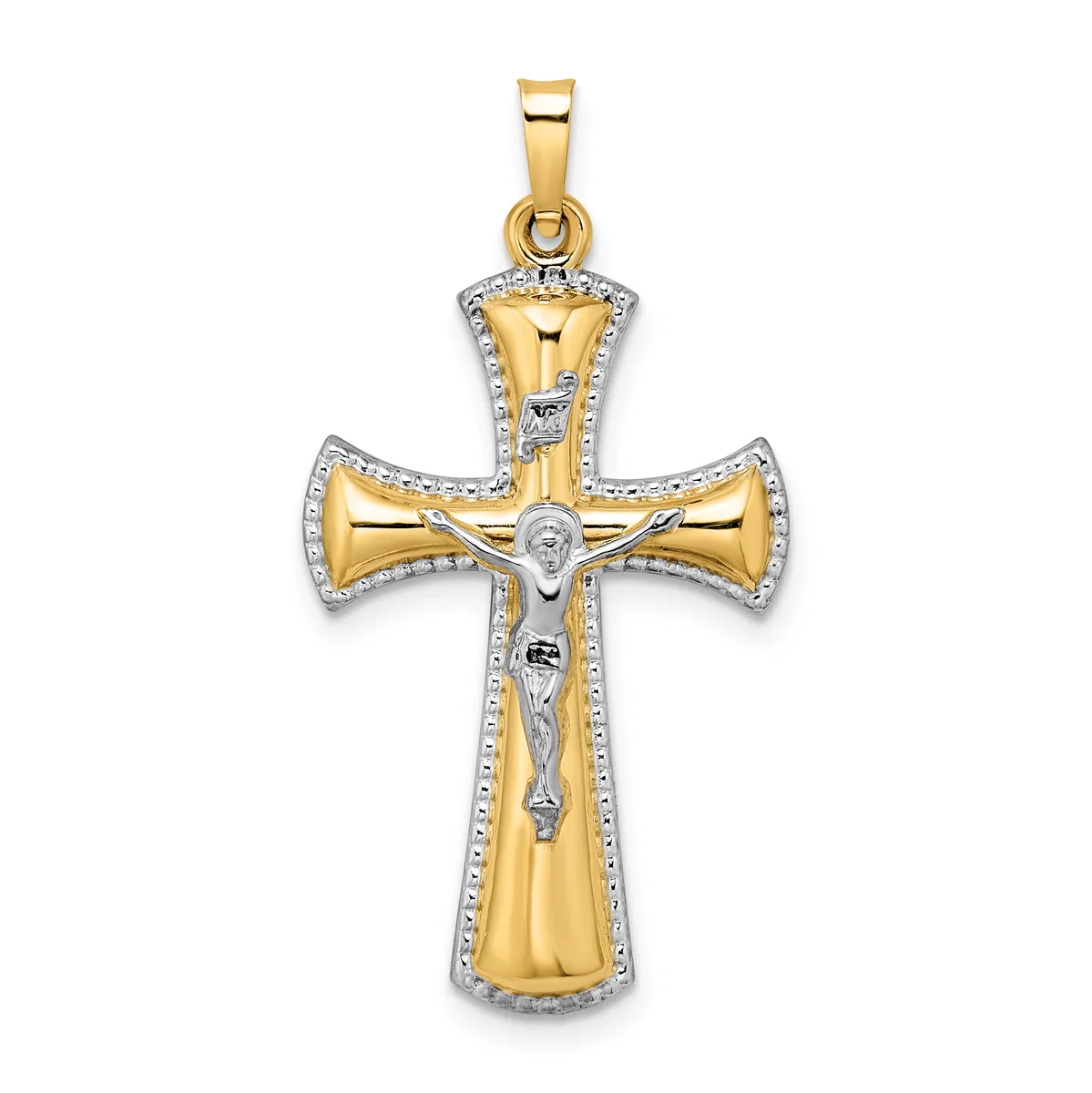Two-tone gold crucifix pendant with white rhodium accents and a white Jesus figure, featuring a polished gold cross with flared ends and diamond-cut borders.