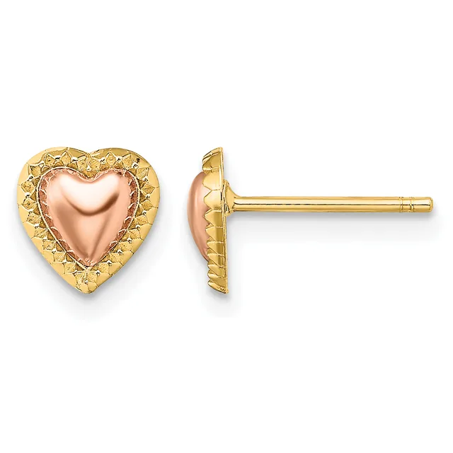Pair of gold heart stud earrings with rose gold centers and textured gold borders, shown from front and side views.