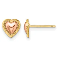 Pair of gold heart stud earrings with rose gold centers and textured gold borders, shown from front and side views.