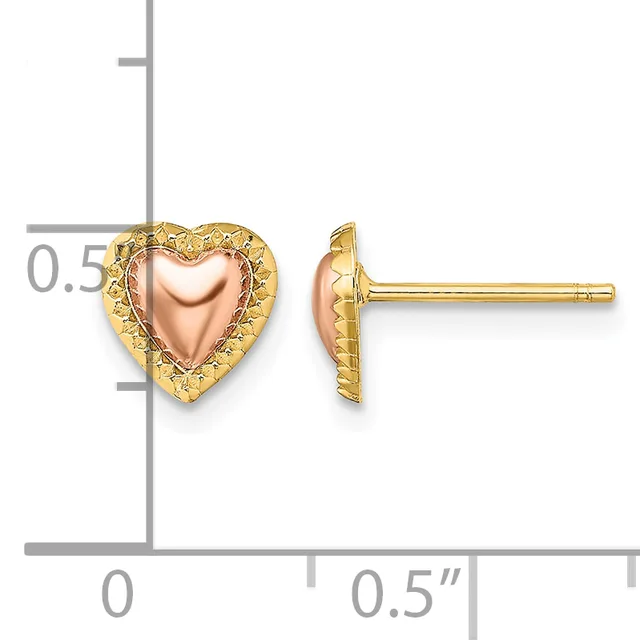 Pair of heart-shaped stud earrings with polished rose gold centers and textured yellow gold borders, shown front and side view on a measurement scale.