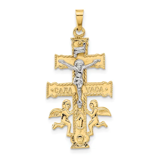 Two-tone gold crucifix pendant featuring a silver-toned corpus, decorative cross arms with text, two winged cherubs at the base, and a small lion head at the top.