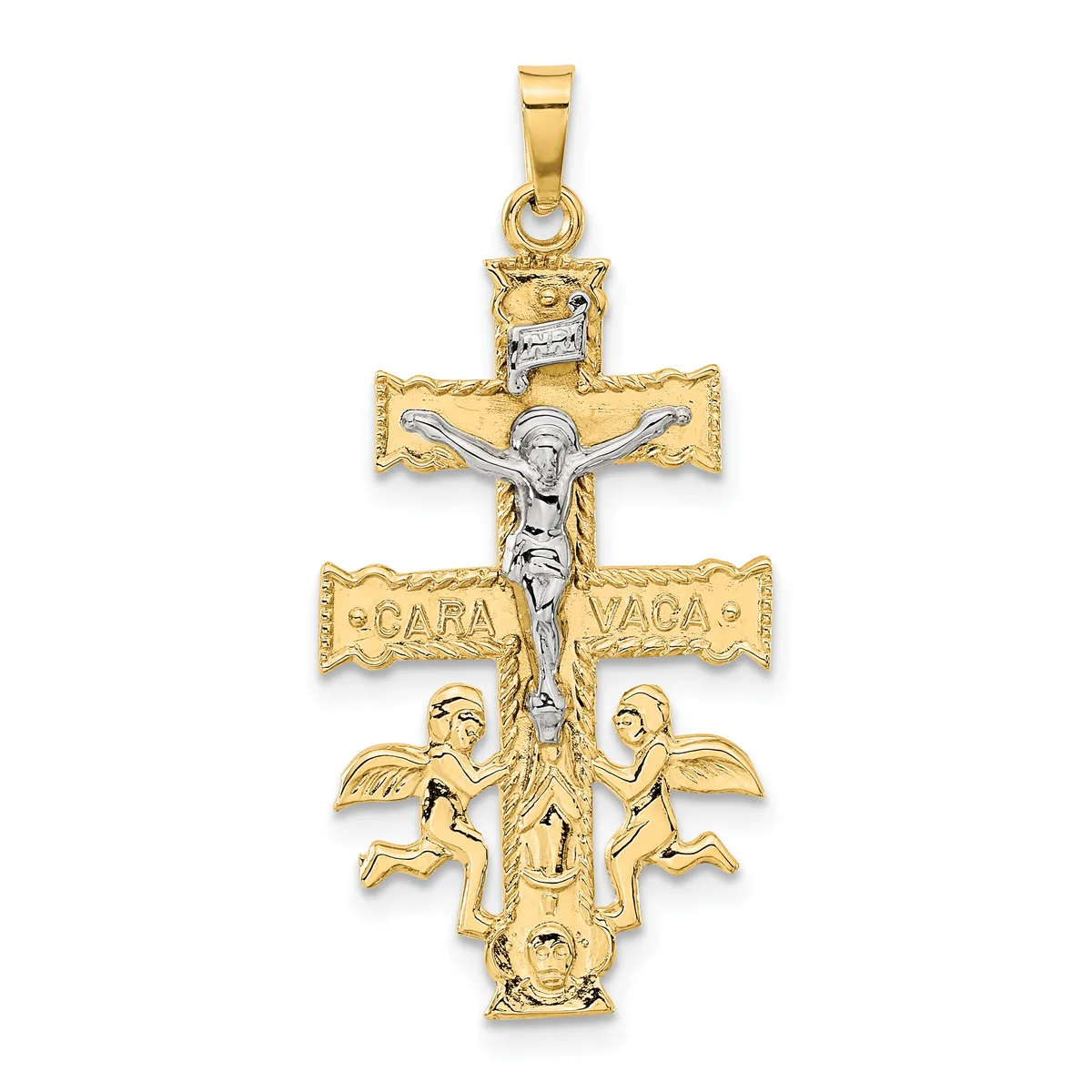 Two-tone gold crucifix pendant featuring a silver-toned corpus, decorative cross arms with text, two winged cherubs at the base, and a small lion head at the top.