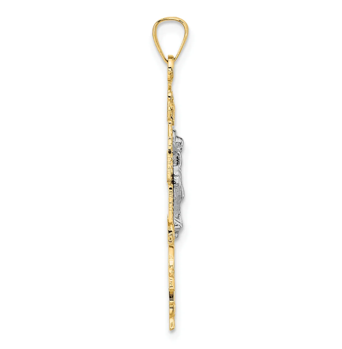 A long gold chain pendant with a teardrop loop at the top and a small white metal charm hanging from the middle section.