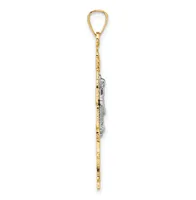A long gold chain pendant with a teardrop loop at the top and a small white metal charm hanging from the middle section.