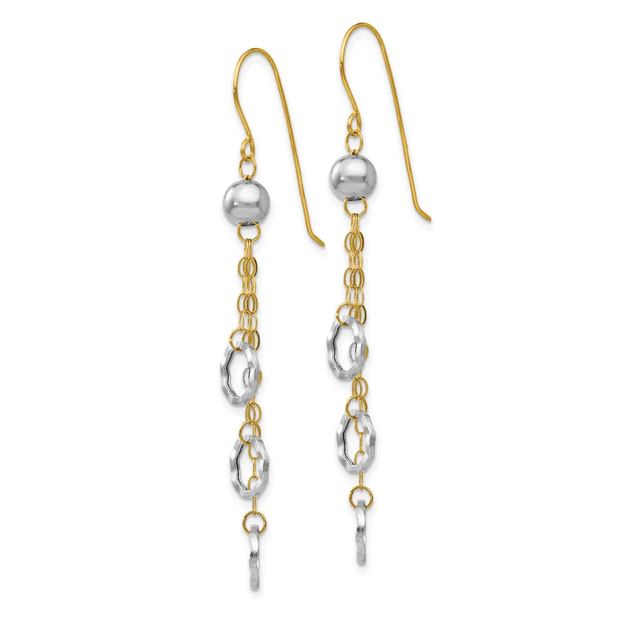 Pair of gold and silver two-tone dangle earrings with ball studs, chain links, and oval elements suspended from hook-style ear wires.