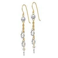 Pair of gold and silver two-tone dangle earrings with ball studs, chain links, and oval elements suspended from hook-style ear wires.