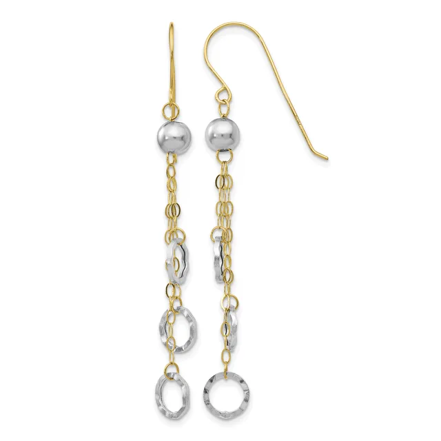 Pair of gold and silver two-tone dangle earrings with ball studs and chain links featuring oval rings, displayed on a white background.