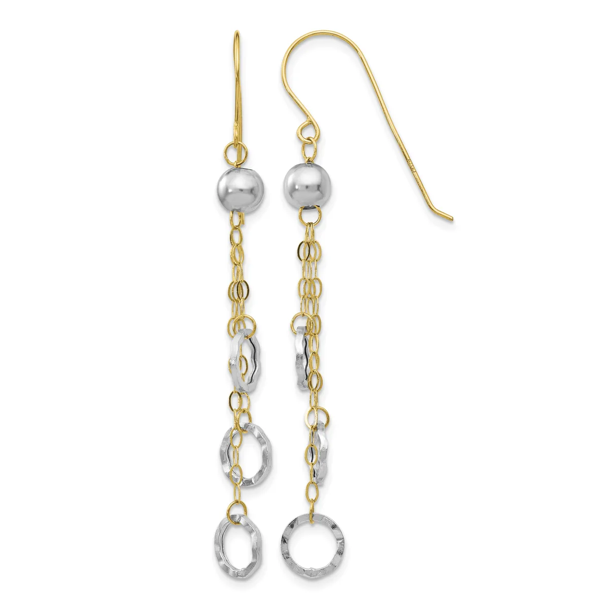 Pair of gold and silver two-tone dangle earrings with ball studs and chain links featuring oval rings, displayed on a white background.