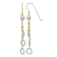 Pair of gold and silver two-tone dangle earrings with ball studs and chain links featuring oval rings, displayed on a white background.