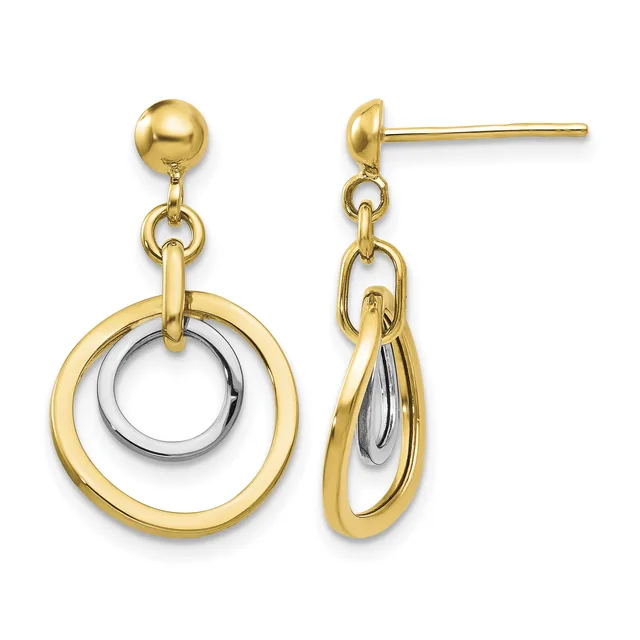 Pair of gold drop earrings with stud posts featuring nested circular rings in yellow and white gold, shown from front and side views.