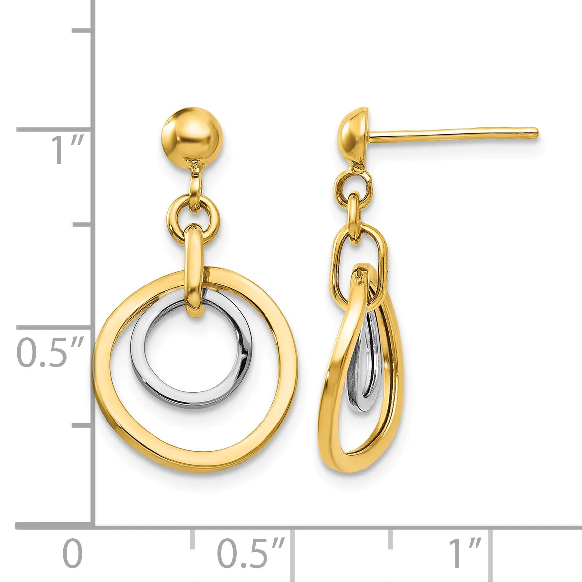 Pair of gold dangle earrings with ball posts featuring concentric circles in two-tone gold, displayed against a measurement scale.