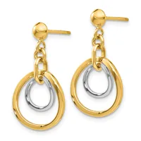 Pair of gold-plated drop earrings with ball studs and chain connectors, each featuring a nested two-tone oval loop design in yellow and white metal.