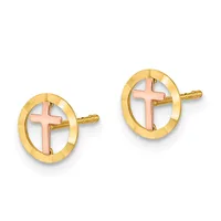Pair of two-tone gold stud earrings featuring rose gold crosses centered within yellow gold oval frames, with post and clutch backs.