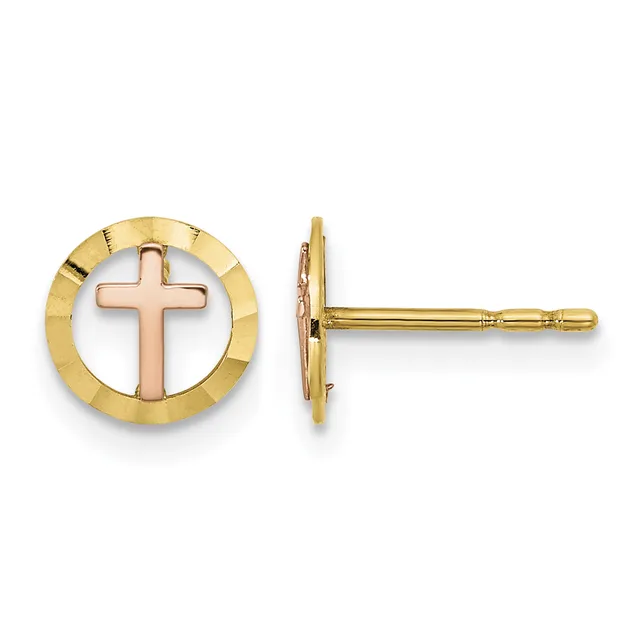 Pair of two-tone gold stud earrings with rose gold crosses centered in yellow gold circular frames, shown from front and side views.