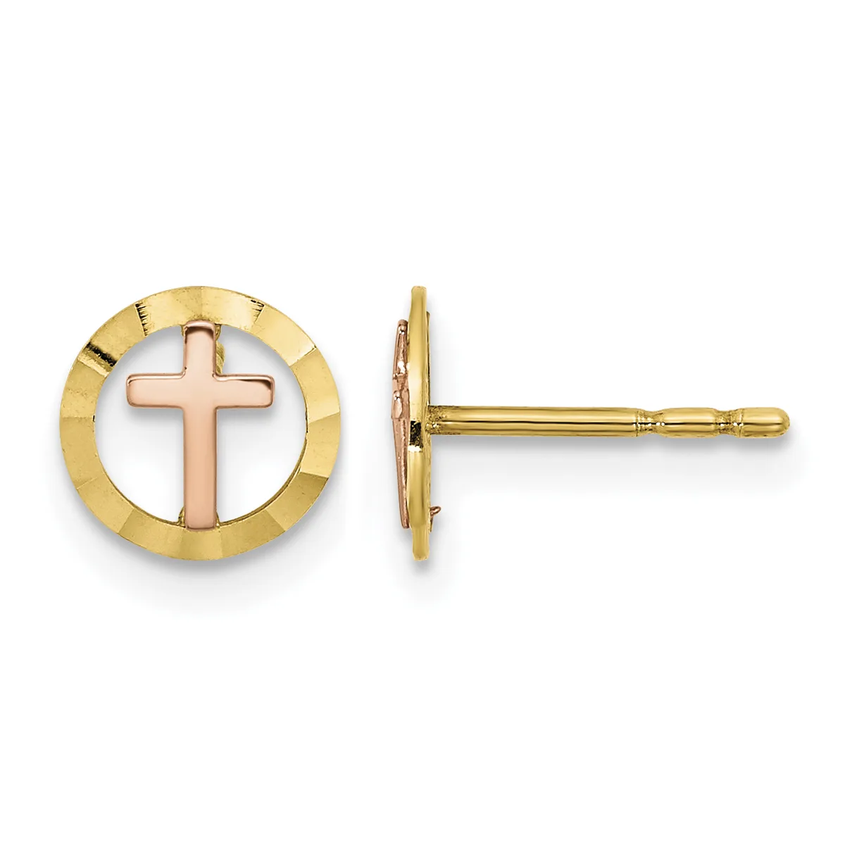 Pair of two-tone gold stud earrings with rose gold crosses centered in yellow gold circular frames, shown from front and side views.