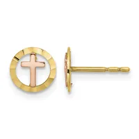 Pair of two-tone gold stud earrings with rose gold crosses centered in yellow gold circular frames, shown from front and side views.