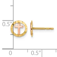Two-tone gold stud earrings featuring a rose gold cross centered within a yellow gold circular frame, shown front and side view with measurement scale.